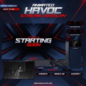 May include: Animated stream overlay with a red and blue color scheme. The overlay features the text "Animated Havoc Stream Overlay" and "Stream is Starting Soon". There are also sections for new subscribers, new followers, live chat, credits, about me, and contact.