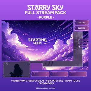 Animated Twitch Overlay Starry Sky Purple, Stars stream package, vtuber, Night sky, Cute Twitch Overlay, Celestial background, Dreamy Sky