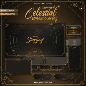 Sobreposição de fluxo animado Celestial, Pacote de fluxo celestial, Ouro, Tema místico, Sobreposição de fluxo animado, Lua e estrelas, VTuber, Estrelado