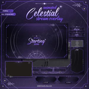 Animated Stream Overlay Celestial, Celestial Stream Pack, Purple, Mystical Theme, VTuber Twitch Package, Moon, Stars, Rings, Aesthetic