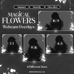 以下が含まれることがあります： 「MAGICAL FLOWERS Webcam Overlays」のグレースケールグラフィック。16:9、1:1、9:16、4:8の4つの異なるサイズがあります。各オーバーレイは、読書をしている人のシルエットを、花柄と装飾的な要素で囲んで表示します。「Animated」、「Butterfly」、「Glow effect」の文字が含まれています。