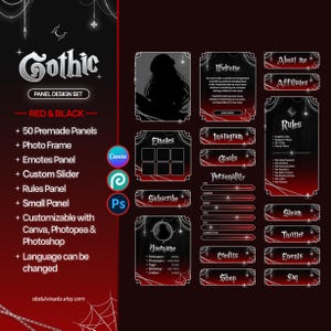 May include: A red and black Gothic panel design set with 50 premade panels, photo frame, emotes panel, custom slider, rules panel, and small panel. Customizable with Canva, Photopea & Photoshop. The image includes the text "Gothic" and "abdulvisuals.etsy.com".
