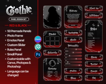 May include: A red and black Gothic panel design set with 50 premade panels, photo frame, emotes panel, custom slider, rules panel, and small panel. Customizable with Canva, Photopea & Photoshop. The image includes the text "Gothic" and "abdulvisuals.etsy.com".