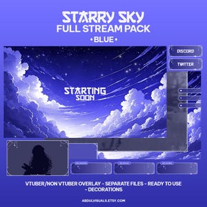 Animated Twitch Overlay Starry Sky Blue, Stars stream package, vtuber, Night sky, Cute Twitch Overlay, Celestial background, Dreamy Sky