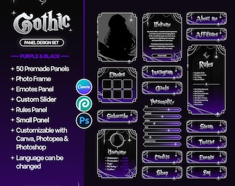 May include: A digital gothic panel design set in purple and black featuring 50 premade panels including photo frames, emotes, sliders, rules, and social media buttons. The interface elements display spiderweb accents and customizable text fields.