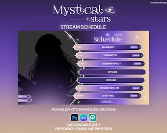 May include: A digital stream schedule template titled Mystical Stars with a purple and gold gradient background. It features a circular silhouette placeholder, a weekly list of activities including Valorant and Overwatch, and software icons.