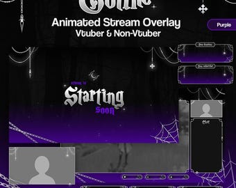 May include: A purple and black gothic-themed animated stream overlay set for Vtubers and streamers. Includes a starting soon screen, chat box, webcam frames, and information panels featuring white spider web, chain, and cross graphic elements.