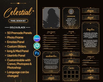 Celestial Twitch Panels - Canva Customizable | 50 Stream Panels Set, Gold, Moon & Stars, Accessory Set, Sliders, Vtuber Panels
