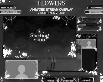 May include: A black and white animated stream overlay with a floral design. The overlay includes elements for VTubers, with text that reads "Magical Flowers", "Starting soon", and social media icons for Twitter, equipment, and Discord.