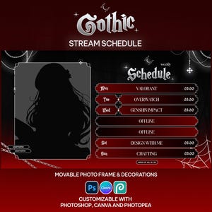Peut inclure: Modèle d'emploi du temps de stream gothique, rouge foncé et noir. Comprend une silhouette, un emploi du temps hebdomadaire et le texte "Gothic Stream Schedule". Personnalisable avec Photoshop, Canva et Photopea.