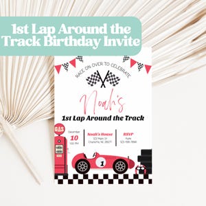 Bearbeitbar Fast One Geburtstagseinladung, Erste Runde um den Track Boy Vintage Red Rennauto 1. Geburtstag druckbare Vorlage, RCE10