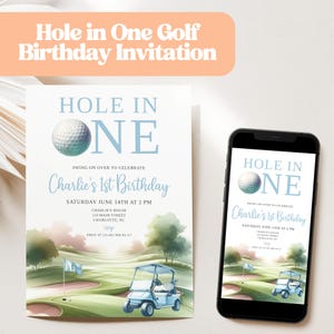 Blue Hole in One Birthday Invitation | Editable Golf Invite for First Birthday | Printable Template | Par-Tee Golf Party Invitation | GLF40
