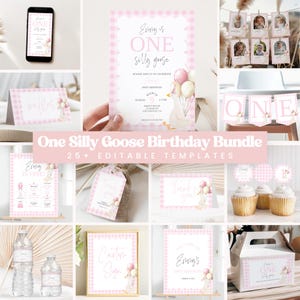 One Silly Goose Birthday Template Bundle | First Birthday Party Decor | One Silly Goose Birthday Party Bundle | Pink Silly Goose | GSE20