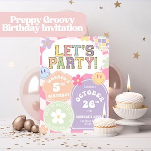Invitación con letra de parche, invitación elegante, descarga instantánea, invitación de cumpleaños con parche universitario retro, cumpleaños retro elegante, GRV10