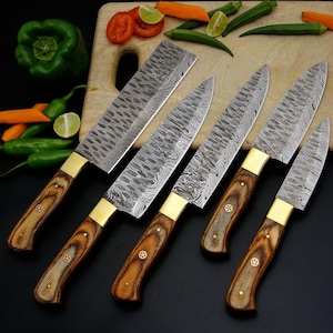 Handmade Damascus Chef Knives Set - Professional Kitchen Knives Set - Luxury 5 Pcs Chef Knives Set - Anniversary Gift - Gift for Her