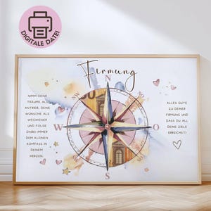 May include: A rectangular wall art print featuring a central compass rose illustration with watercolour accents in shades of blue, yellow, and pink. The text reads Firmung, Nimm deine Träume als Antrieb, deine Wünsche als Wegweiser, and Alles Gute.