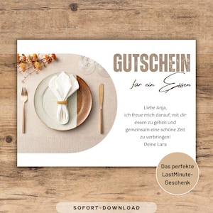 May include: A gift certificate design with the German word "GUTSCHEIN" at the top, and the words "für ein Essen" below it. The certificate includes a place setting with a folded napkin and a message. The bottom right corner says "Das perfekte LastMinute-Geschenk".