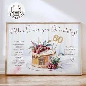 Puede incluir: Impresión enmarcada con el texto "Alles Liebe zum Geburtstag!". La imagen presenta una tarta decorada con frambuesas y el número 80. El texto adicional incluye deseos de cumpleaños y "Archivo digital".