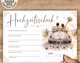 Hochzeitsscheck zum Ausfüllen, Gutschein Hochzeit als Geschenk zum Download, Scheck Hochzeit PDF Vorlage zum Ausdrucken