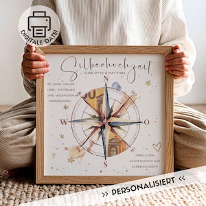 Op de afbeelding: Een ingelijste print met een kompasroosontwerp, met de tekst "Silberhochzeit" en de namen "Charlotte & Matthias." De print bevat de woorden "25 Jahre voller Liebe, Vertrauen und unzähliger Erinnerungen." De lijst is van lichtkleurig hout.