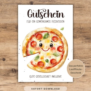 Pode incluir: Um vale-presente branco com uma ilustração em aquarela de uma pizza sorridente com pepperoni e manjericão. O texto diz "Gutschein für ein gemeinsames Pizzaessen" e "Gute Gesellschaft inklusive."