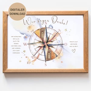 Puede incluir: Una impresión enmarcada con un diseño de rosa de los vientos. La rosa de los vientos está en el centro, con texto en alemán y detalles en acuarela. El marco es de madera marrón claro. Las palabras "DIGITALER DOWNLOAD" están en un círculo en la esquina superior izquierda.