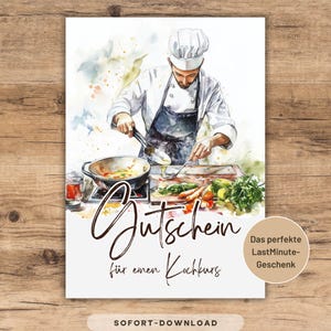 Könnte beinhalten: Aquarell-Illustration eines kochenden Kochs mit dem Wort "Gutschein" (Gutschein) und dem Text "für einen Kochkurs" (für einen Kochkurs). Enthält den Text "Das perfekte LastMinute-Geschenk" und "SOFORT-DOWNLOAD".