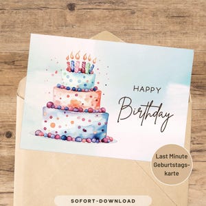 Bolo de aniversário para imprimir, Imprimir em casa, Feliz aniversário, Cartão para ela, Download digital, Cartão de felicitações, Cartão para imprimir