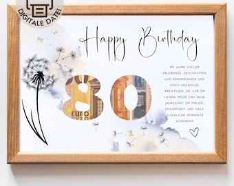 Geldcadeaubon voor een 80e verjaardag | Wensvervuller | DIY geldcadeau-idee | Cadeau voor hem of haar | Download A4 | Printbaar