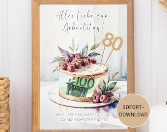 80th Birthday Money Gift | German Text, Printable Download (PDF)