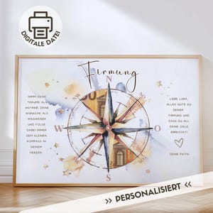 May include: A framed print with a compass rose design, featuring a watercolor background in shades of beige, blue, and yellow. The word "Firmung" is written in elegant script. Text in German is included.