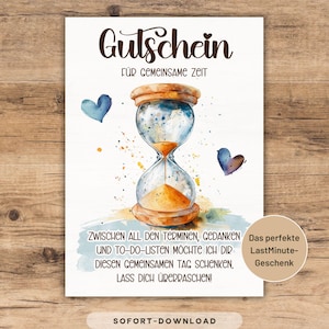 Puede incluir: Un vale de regalo estilo acuarela con la palabra alemana "Gutschein" en la parte superior. Presenta un reloj de arena, dos corazones azules y texto en alemán. La esquina inferior derecha tiene una etiqueta circular que dice "Das perfekte LastMinute-Geschenk."