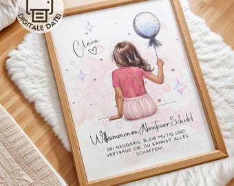 May include: A framed print featuring a girl with long brown hair holding a blue balloon, set against a soft pink background with star accents. The text reads Clara, Willkommen im Abenteuer Schule! Sei neugierig, bleib mutig und vertraue dir. Du kannst alles schaffen!