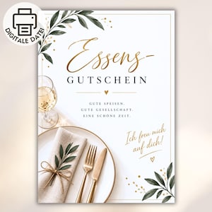 Könnte beinhalten: Ein rechteckiger Gutschein mit dem Text Essens-GUTSCHEIN, GUTE SPEISEN, GUTE GESELLSCHAFT, EINE SCHÖNE ZEIT und Ich freu mich auf dich! Verziert mit grünen Blättern und goldenen Akzenten, zeigt er einen Teller, eine Serviette, Gabel, Messer und Weinglas.