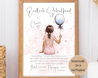 May include: A framed print featuring a girl with brown hair seen from behind, holding a blue and gold balloon. The text reads Endlich Schulkind, Clara, and a German poem about starting school. The background has soft pink watercolor accents.