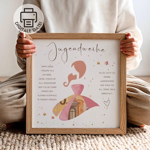 Könnte beinhalten: Gerahmter Druck mit dem deutschen Text "Jugendweihe" und inspirierendem Text. Das Kunstwerk zeigt eine stilisierte Illustration einer Frau in einem rosa Kleid, mit einer Collage aus Währungen, die das Kleid bilden. Der Rahmen ist aus hellem Holz.