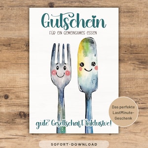May include: A white card with the text "Gutschein" and "FÜR EIN GEMEINSAMES ESSEN" in teal. It features a watercolor illustration of a smiling fork and spoon. The text "gute Gesellschaft inklusive!" is also present.