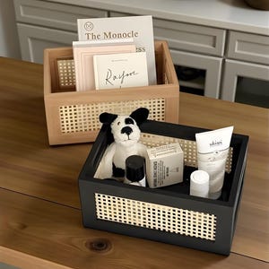 Caja de almacenamiento de ratán tejida a mano – Organizador bohemio para el hogar