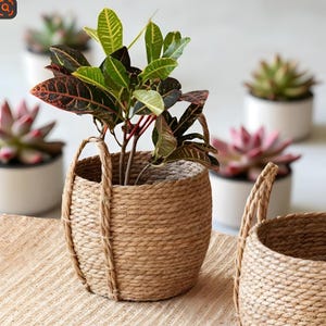Hand-Woven Rattan & Seaweed Basket – Large Boho Planter, Laundry Hamper