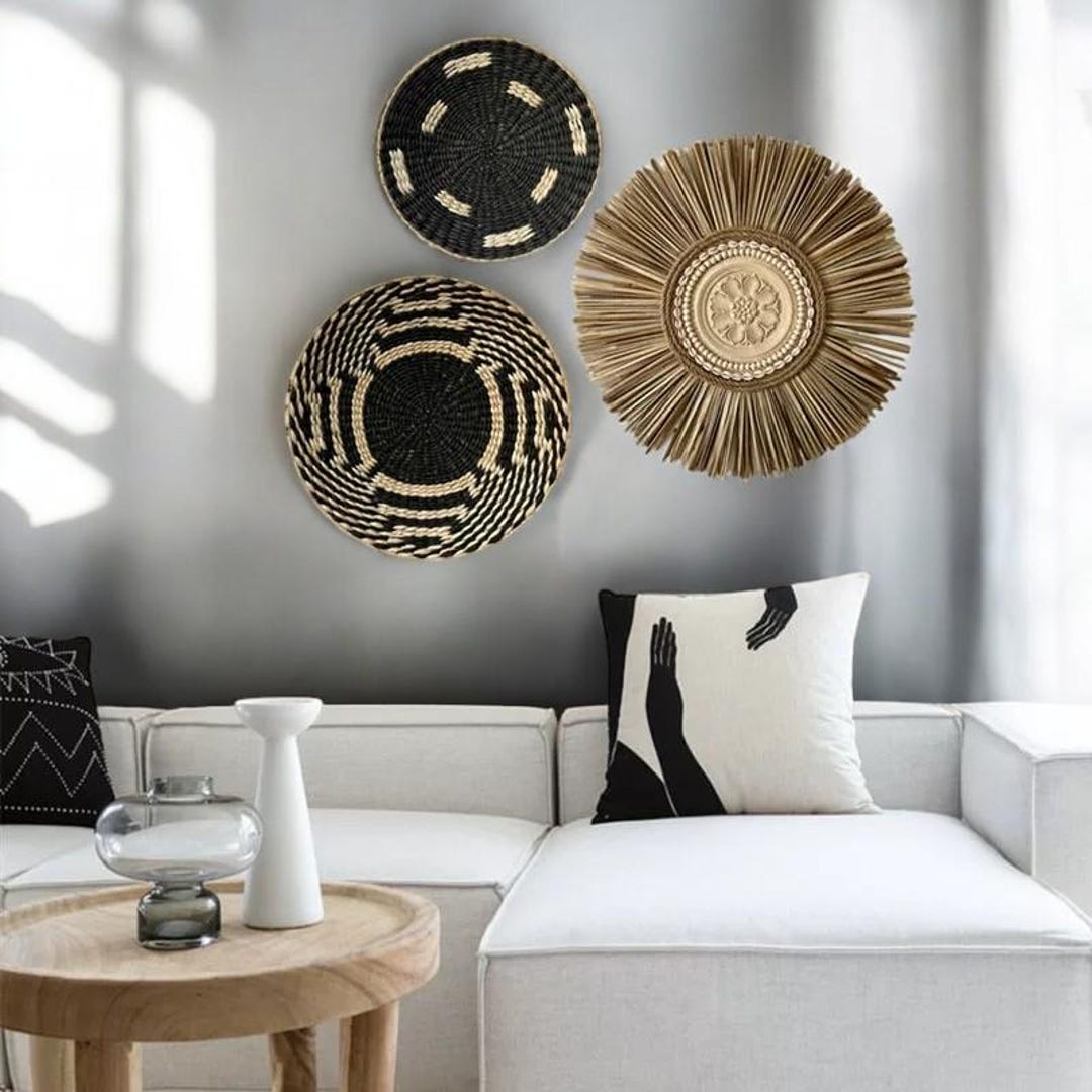 Handwoven Boho Wall Basket Set – Black & Natural Rattan Decor - Etsy