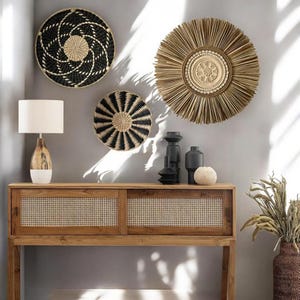 Boho Wall Basket Set – Handmade Woven African Wall Decor, Black & Natural Rattan Wall Art for Modern Tribal Interiors