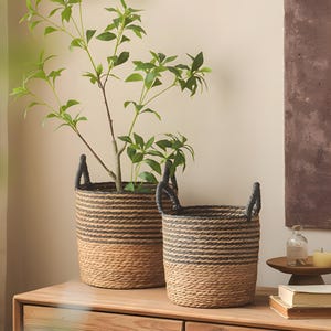 Hand-Woven African Flower Basket w/ Double Ears – Decorative Straw Pot & Planter Holder