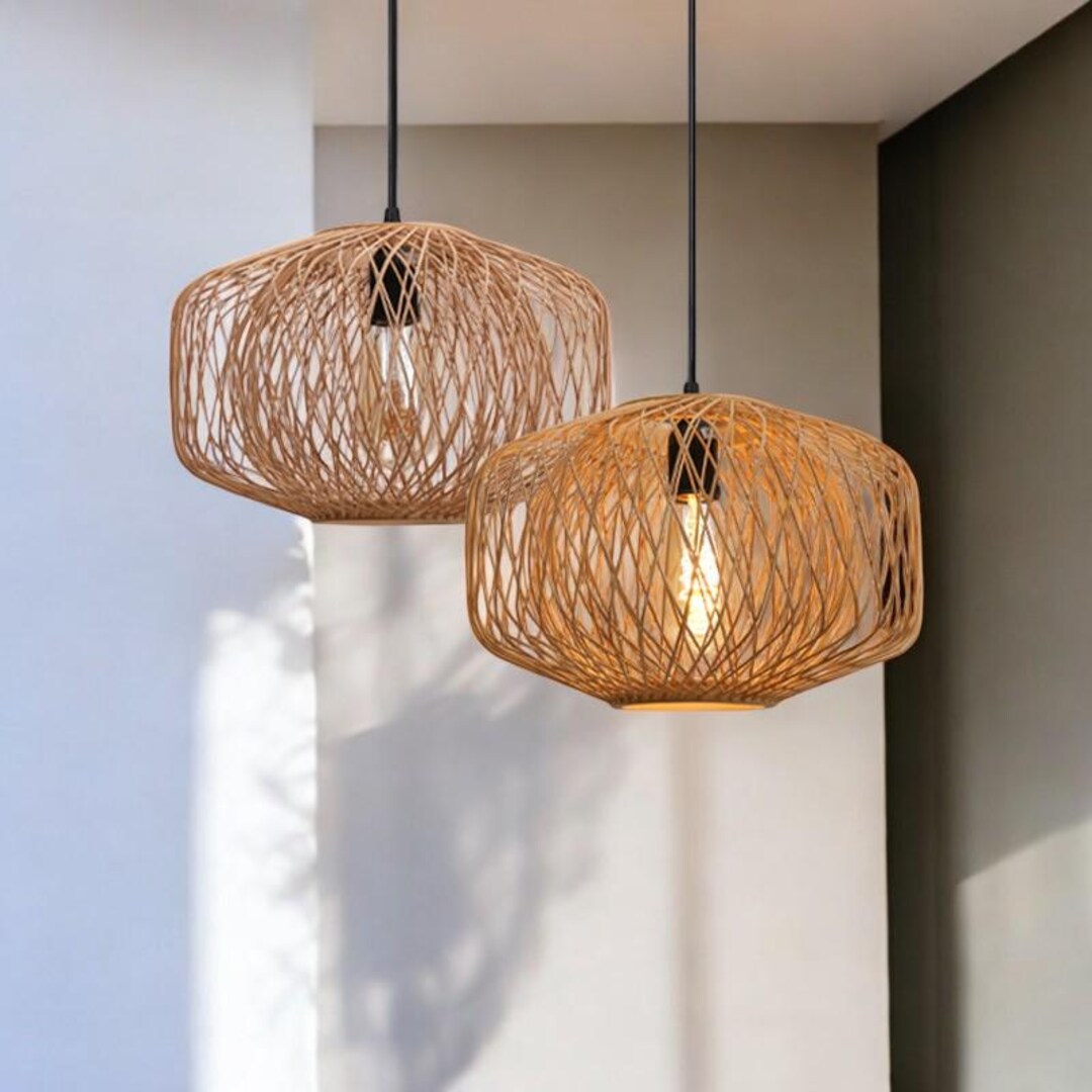 Handwoven Rattan Pendant Light Boho Natural Wicker Lampshade for Warm ...