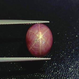 May include: A deep red star ruby gemstone with a six-pointed star in the centre. The ruby is cabochon cut and has a smooth, polished surface.