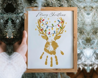 Reindeer Handprint Art Printable | Christmas Deer Craft | Kids Baby Keepsake | Preschool Holiday Art | Merry Christmas Card Gift