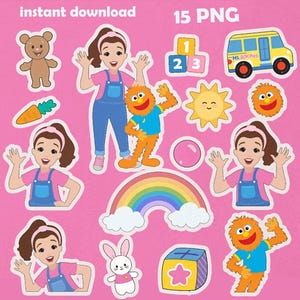 May include: A digital sticker set featuring 15 PNG illustrations including a girl in blue overalls, an orange furry creature, a yellow school bus labeled Ms. Rachel, a rainbow, a brown teddy bear, a carrot, a sun, a rabbit, and colorful blocks.