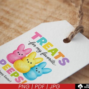 May include: A white gift tag with the words "TREATS for my favourite PEEPS!" and three colourful marshmallow bunnies. The tag also includes "Happy Easter! Love," and is attached to a brown string.