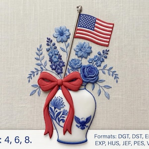 May include: A patriotic design featuring a white vase with blue floral patterns, a red bow, and an American flag. The vase holds blue flowers and is set against a neutral background. The image includes the text "Size: 4, 6, 8."