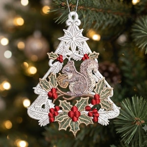 FSL Eichhörnchen-Weihnachtsbaumschmuck-Stickdatei, freistehende Spitzen-Wald-Weihnachtsdeko