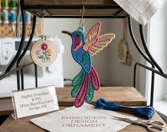 Colourful Hummingbird FSL Embroidery Design, Free Standing Lace Bird Ornament, Hanging Decor ITH Machine Embroidery File 4.5 Inch